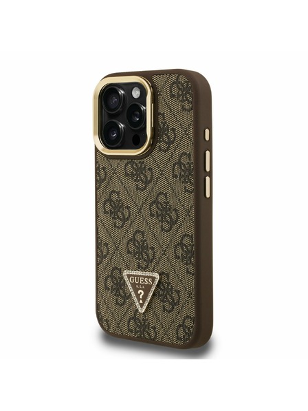 Guess Guess PU 4G Strass Триъгълен лого Stand Camera Frame MagSafe Заден капак за iPhone 15 Pro Кафяв