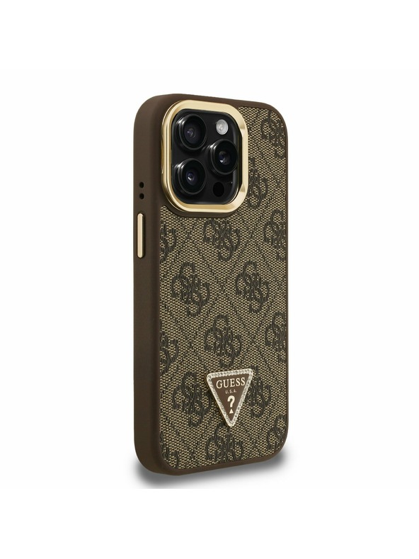 Guess Guess PU 4G Strass Триъгълен лого Stand Camera Frame MagSafe Заден капак за iPhone 15 Pro Кафяв