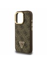 Guess Guess PU 4G Strass Триъгълен лого Stand Camera Frame MagSafe Заден капак за iPhone 15 Pro Кафяв