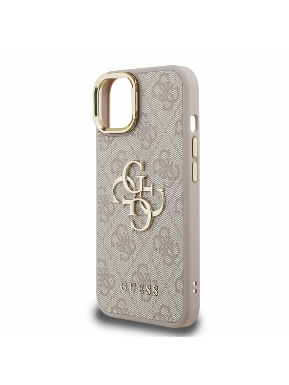 Guess Guess PU 4G Метален лого Stand Camera Frame Заден капак за iPhone 14 Розов