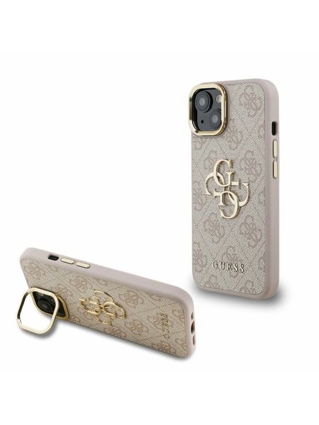 Guess Guess PU 4G Метален лого Stand Camera Frame Заден капак за iPhone 15 Розов