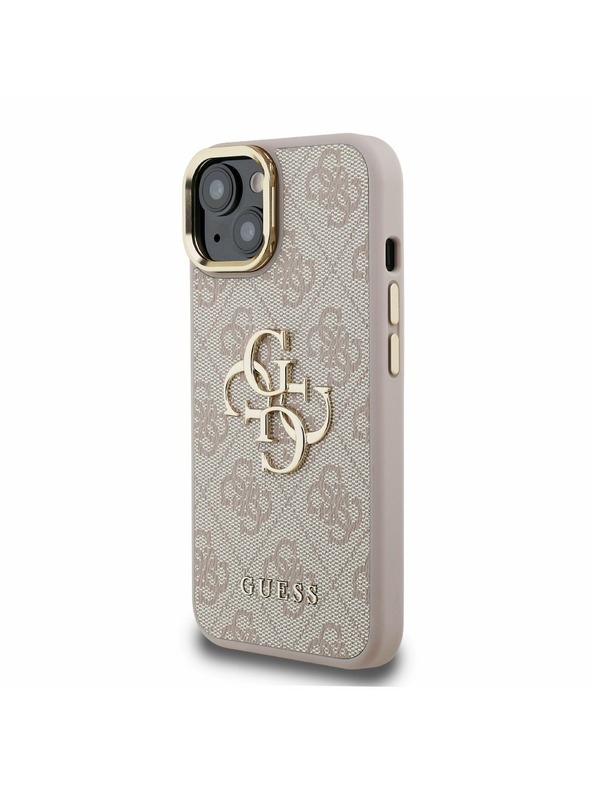 Guess Guess PU 4G Метален лого Stand Camera Frame Заден капак за iPhone 15 Розов
