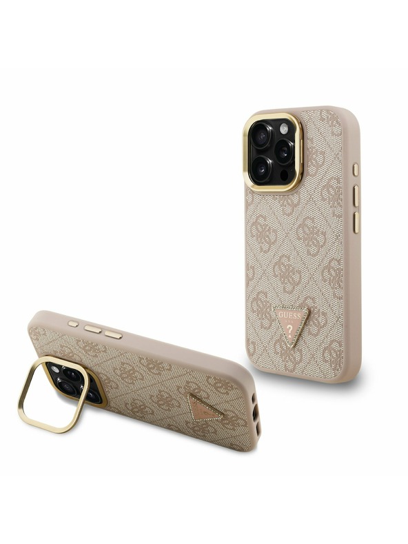 Guess Guess PU 4G Strass Триъгълен лого Stand Camera Frame MagSafe Заден капак за iPhone 16 Pro Розов