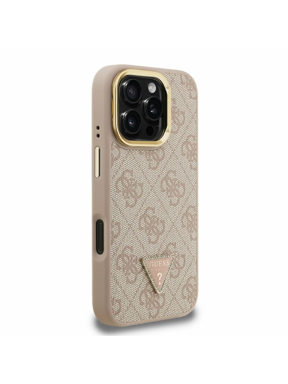 Guess Guess PU 4G Strass Триъгълен лого Stand Camera Frame MagSafe Заден капак за iPhone 16 Pro Розов