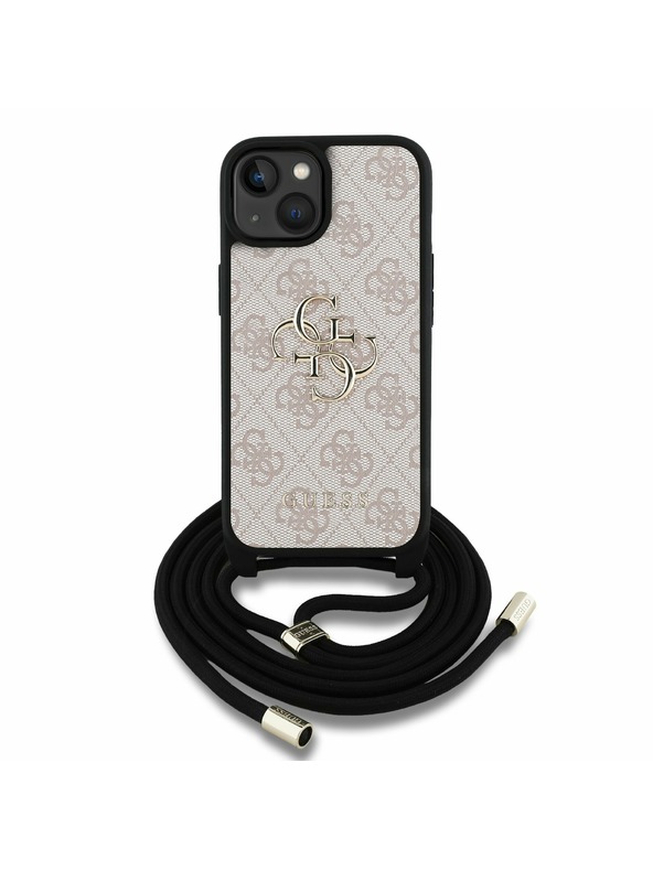 Guess Guess PU 4G Метален лого Crossbody Каишка Заден капак за iPhone 15 Розов