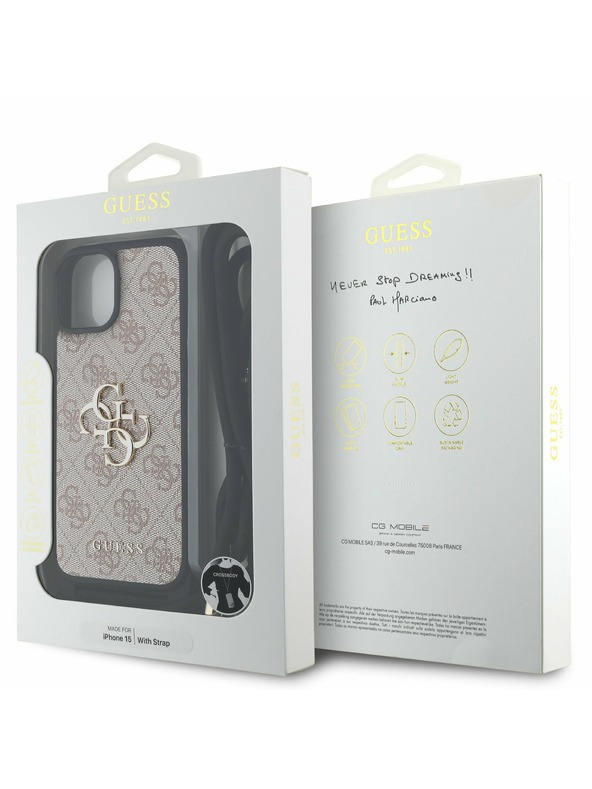 Guess Guess PU 4G Метален лого Crossbody Каишка Заден капак за iPhone 15 Розов