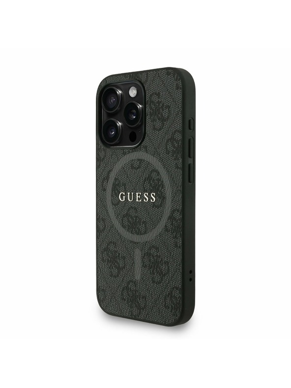 Guess Guess PU Кожен 4G Цветен пръстен с каишка MagSafe Заден капак за iPhone 15 Pro Черен