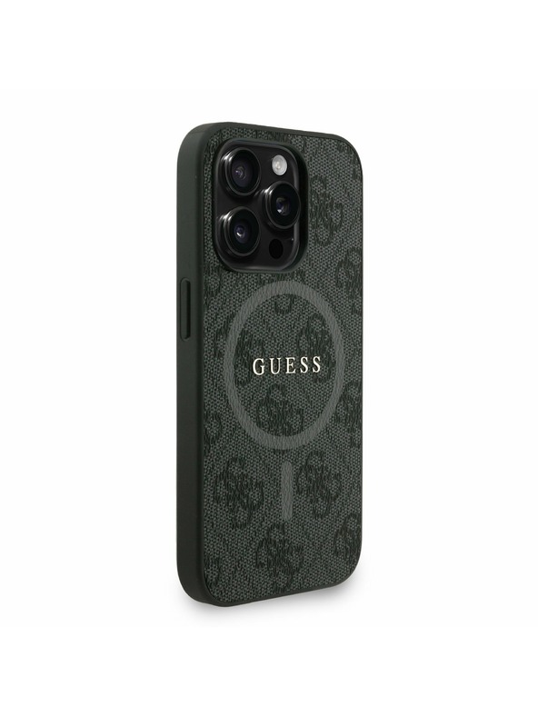 Guess Guess PU Кожен 4G Цветен пръстен с каишка MagSafe Заден капак за iPhone 15 Pro Черен
