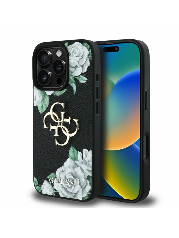 Guess Guess PU Grained Рози 4G Метален лого Заден капак за iPhone 16 Pro Черен