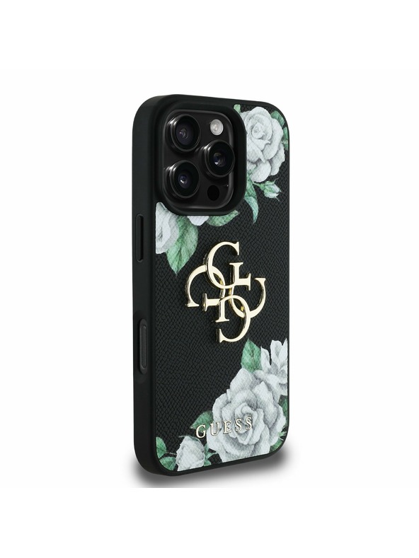 Guess Guess PU Grained Рози 4G Метален лого Заден капак за iPhone 16 Pro Черен
