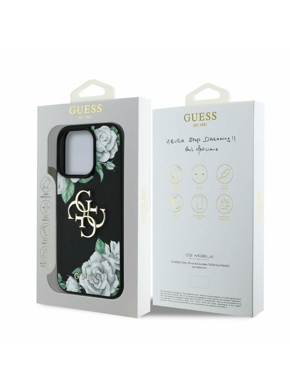Guess Guess PU Grained Рози 4G Метален лого Заден капак за iPhone 16 Pro Черен