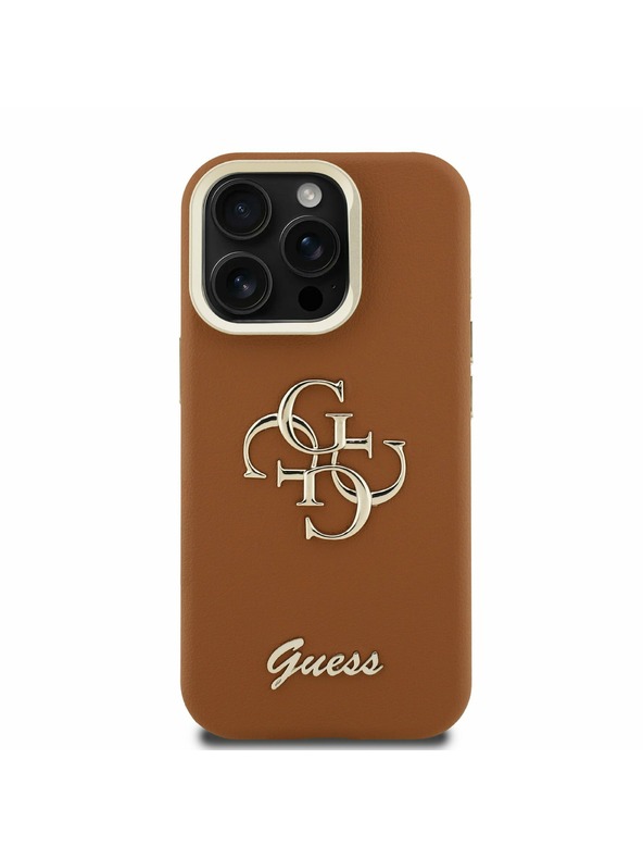 Guess Guess PU Grained 4G Logo Stand Camera Frame Заден калъф за iPhone 15 Pro Кафяв