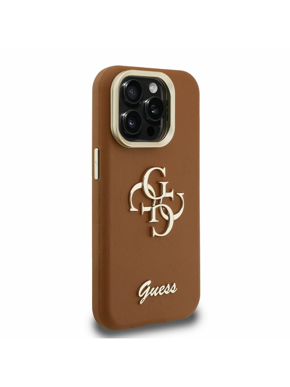 Guess Guess PU Grained 4G Logo Stand Camera Frame Заден калъф за iPhone 15 Pro Кафяв