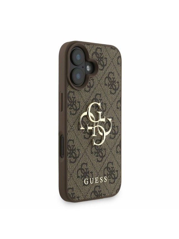 Guess Guess PU 4G Metal Logo Strap Заден калъф за iPhone 16 Кафяв