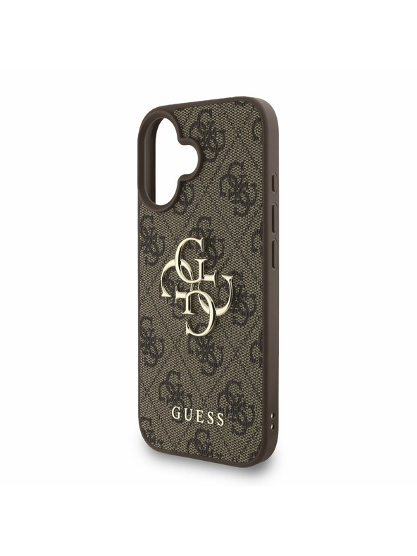 Guess Guess PU 4G Metal Logo Strap Заден калъф за iPhone 16 Кафяв