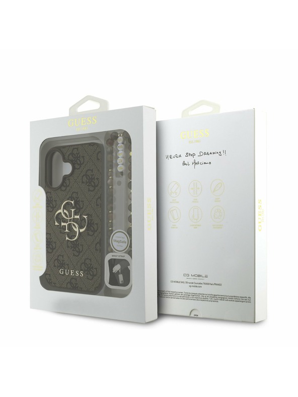 Guess Guess PU 4G Metal Logo Strap Заден калъф за iPhone 16 Кафяв