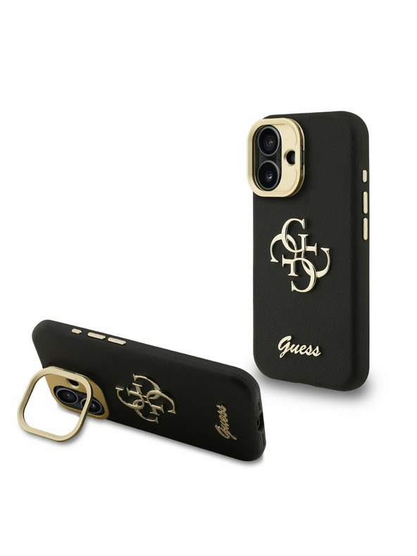 Guess Guess PU Grained 4G Logo Stand Camera Frame Заден калъф за iPhone 16 Черен