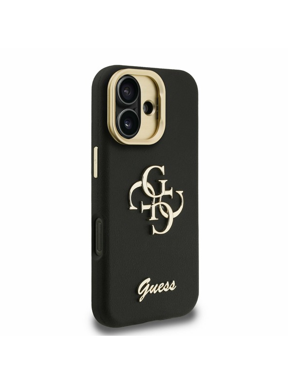 Guess Guess PU Grained 4G Logo Stand Camera Frame Заден калъф за iPhone 16 Черен