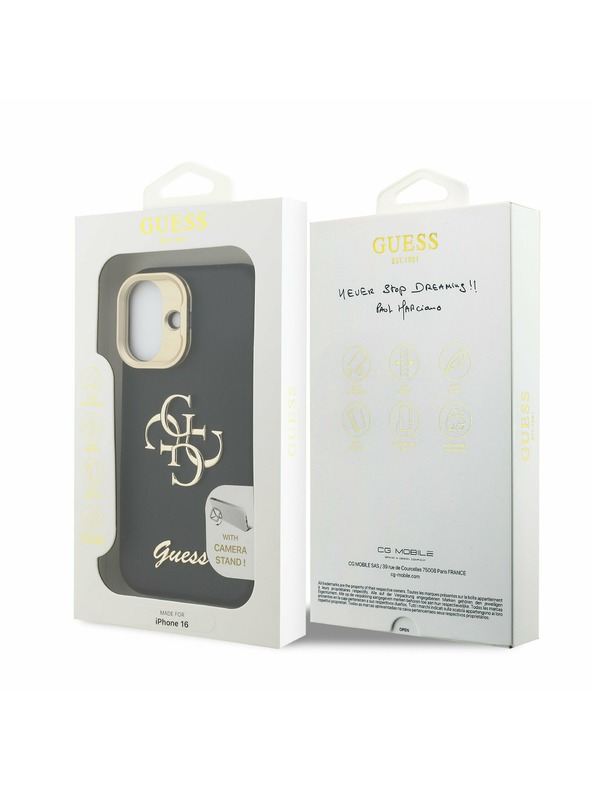 Guess Guess PU Grained 4G Logo Stand Camera Frame Заден калъф за iPhone 16 Черен