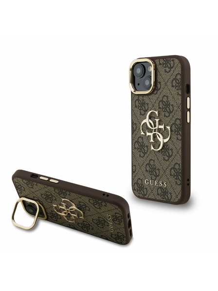 Guess Guess PU 4G Metal Logo Stand Camera Frame Заден калъф за iPhone 13 Кафяв