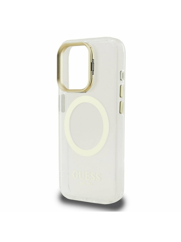 Guess Guess IML Gold Outline Stand Camera Frame MagSafe Заден калъф за iPhone 15 Pro Прозрачен