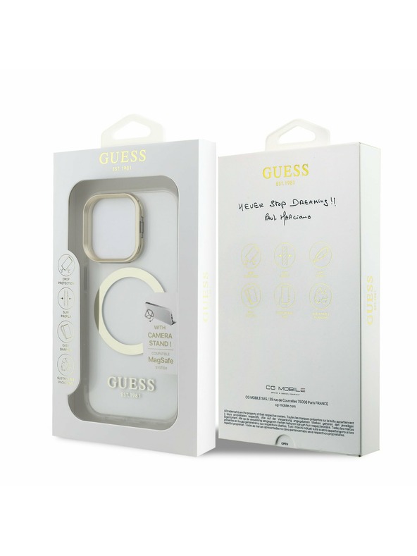 Guess Guess IML Gold Outline Stand Camera Frame MagSafe Заден калъф за iPhone 15 Pro Прозрачен