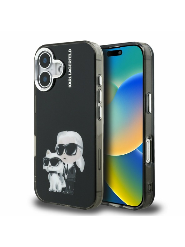 Karl Lagerfeld Karl Lagerfeld IML Aquarelle Karl and Choupette Заден Кейс за iPhone 16 Черен