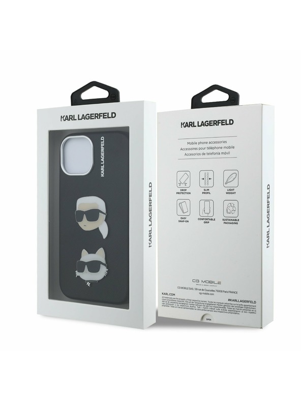 Karl Lagerfeld Karl Lagerfeld Grained PU K&CH Heads Заден Кейс за iPhone 15 Черен