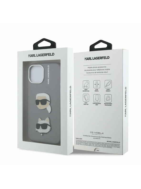 Karl Lagerfeld Karl Lagerfeld Grained PU K&CH Heads Заден Калъф за iPhone 15 Grey