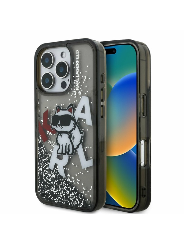 Karl Lagerfeld Karl Lagerfeld Liquid Glitter Scattered Choupette Заден Калъф за iPhone 16 Pro Black