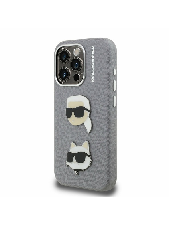 Karl Lagerfeld Karl Lagerfeld Grained PU K&CH Heads Заден Калъф за iPhone 15 Pro Max Grey