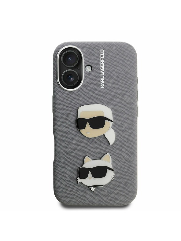 Karl Lagerfeld Karl Lagerfeld Grained PU K&CH Heads Заден Калъф за iPhone 16 Grey