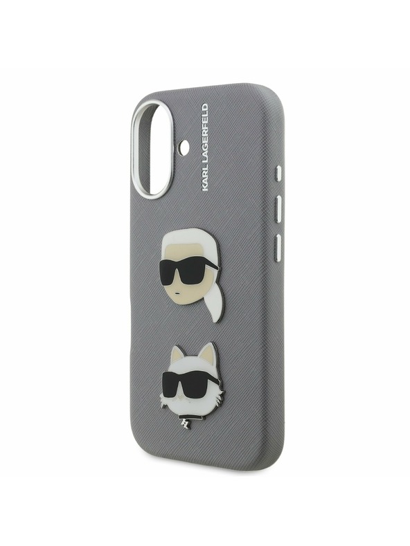 Karl Lagerfeld Karl Lagerfeld Grained PU K&CH Heads Заден Калъф за iPhone 16 Grey