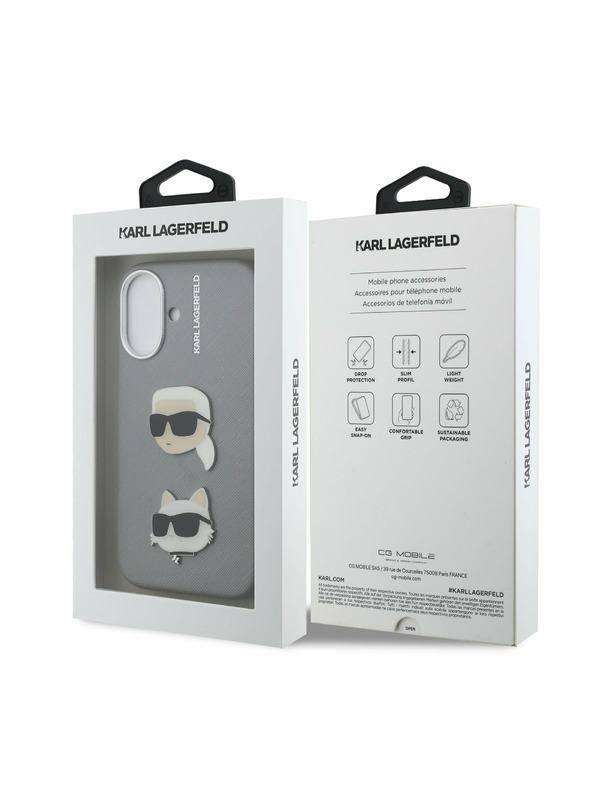 Karl Lagerfeld Karl Lagerfeld Grained PU K&CH Heads Заден Калъф за iPhone 16 Grey