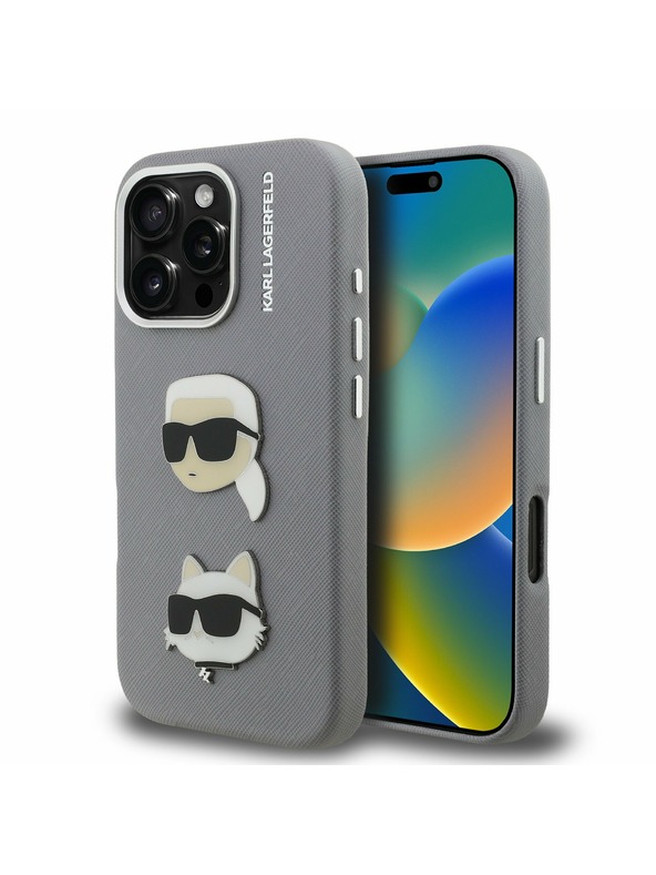 Karl Lagerfeld Karl Lagerfeld Grained PU K&CH Heads Заден Калъф за iPhone 16 Pro Grey