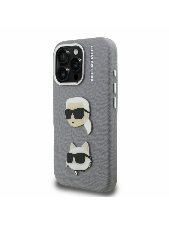 Karl Lagerfeld Karl Lagerfeld Grained PU K&CH Heads Заден Калъф за iPhone 16 Pro Grey