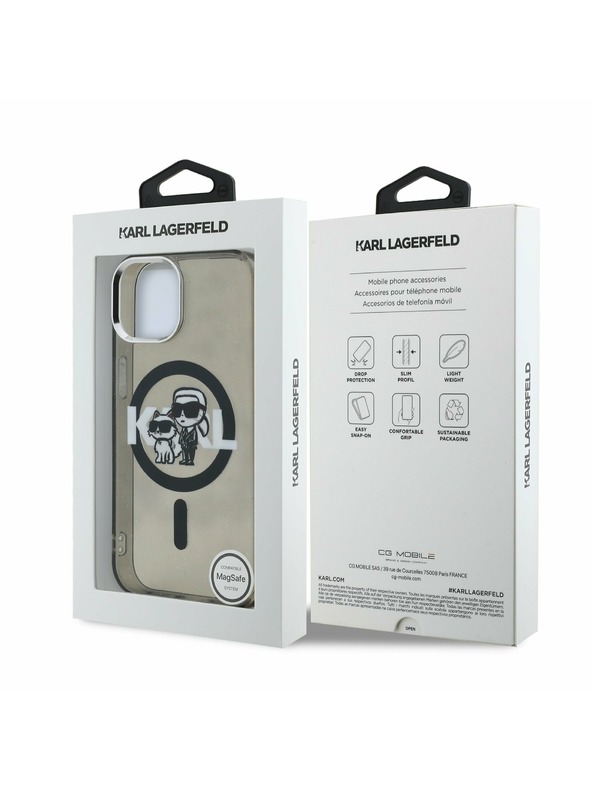 Karl Lagerfeld Karl Lagerfeld IML Glitter Karl and Choupette Sketch MagSafe Заден Калъф за iPhone 15 Black