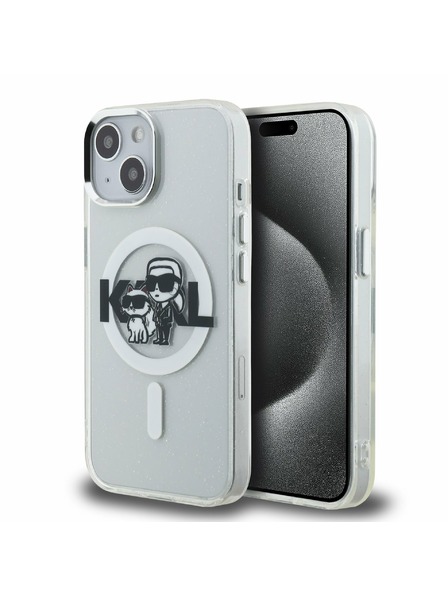 Karl Lagerfeld Karl Lagerfeld IML Брокат Карл и Шупет Скица MagSafe Заден Капак за iPhone 15 Прозрачен