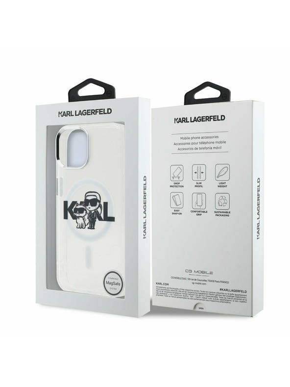 Karl Lagerfeld Karl Lagerfeld IML Брокат Карл и Шупет Скица MagSafe Заден Капак за iPhone 15 Прозрачен