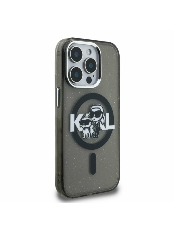 Karl Lagerfeld Karl Lagerfeld IML Брокат Карл и Шупет Скица MagSafe Заден Капак за iPhone 15 Pro Max Черен