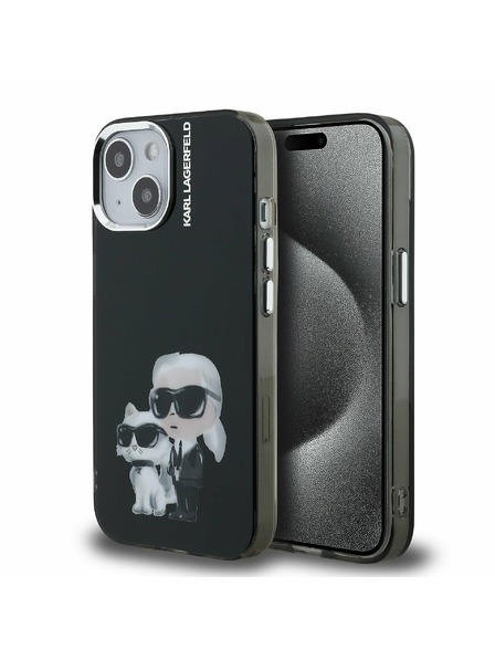 Karl Lagerfeld Karl Lagerfeld IML Акварел Karl и Choupette Заден Капак за iPhone 15 - Черен