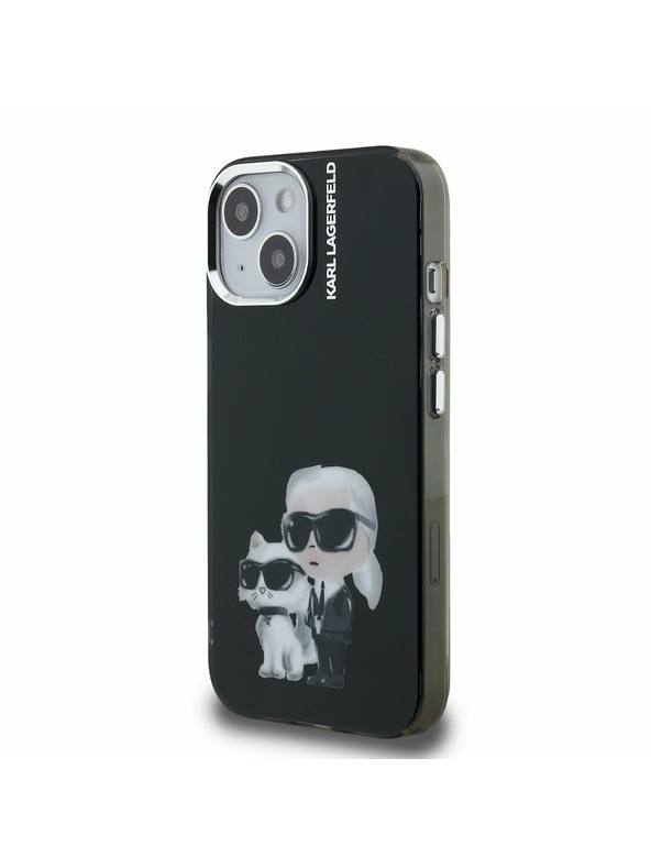 Karl Lagerfeld Karl Lagerfeld IML Акварел Karl и Choupette Заден Капак за iPhone 15 - Черен