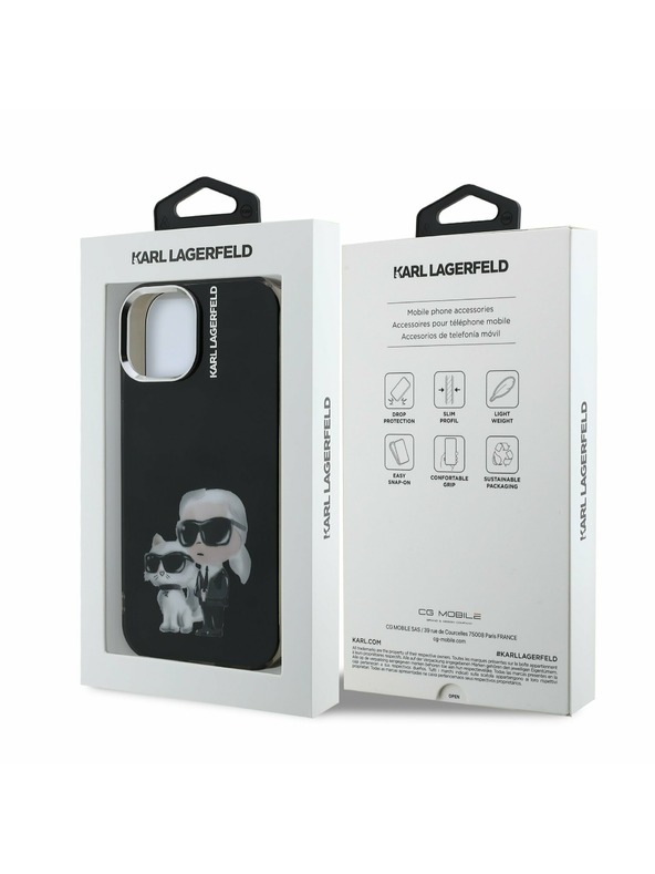 Karl Lagerfeld Karl Lagerfeld IML Акварел Karl и Choupette Заден Капак за iPhone 15 - Черен