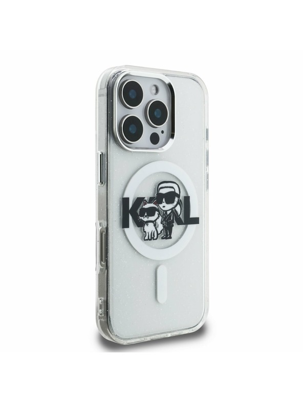 Karl Lagerfeld Karl Lagerfeld IML Брокат Karl и Choupette Скица MagSafe Заден Капак за iPhone 16 Pro Max - Прозрачен