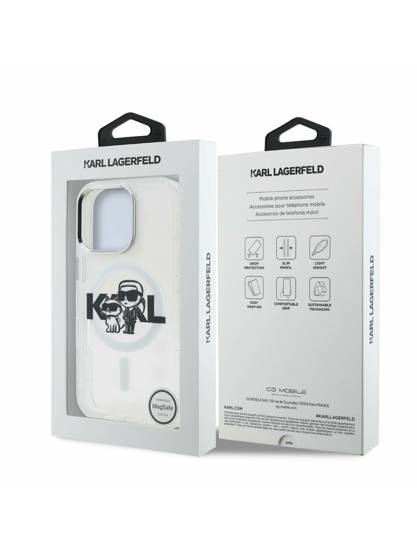 Karl Lagerfeld Karl Lagerfeld IML Брокат Karl и Choupette Скица MagSafe Заден Капак за iPhone 16 Pro Max - Прозрачен
