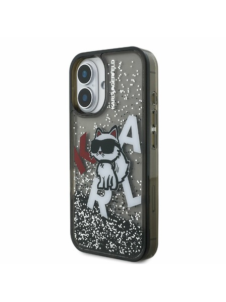 Karl Lagerfeld Karl Lagerfeld Течен Брокат Разпръснат Choupette Заден Капак за iPhone 16 - Черен