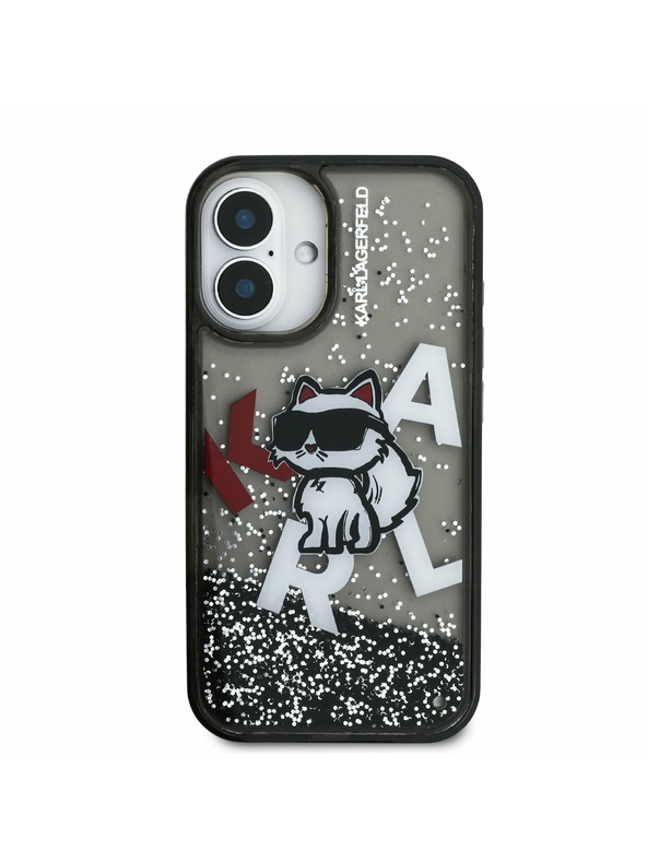 Karl Lagerfeld Karl Lagerfeld Течен Брокат Разпръснат Choupette Заден Капак за iPhone 16 - Черен