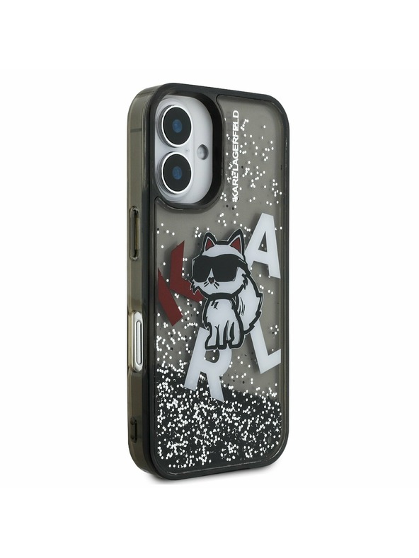 Karl Lagerfeld Karl Lagerfeld Течен Брокат Разпръснат Choupette Заден Капак за iPhone 16 - Черен