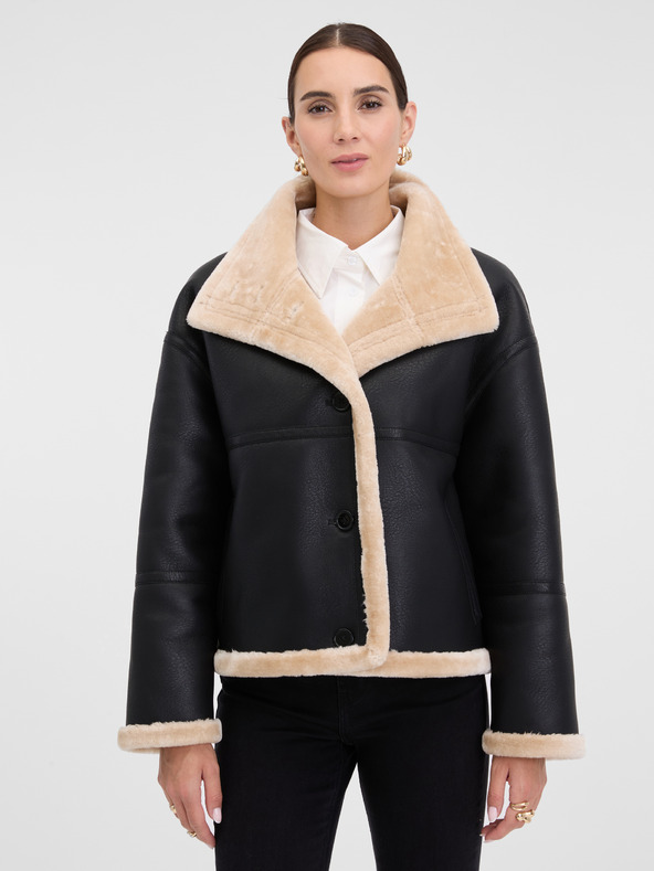 Orsay Черно дамско кожено яке с кожух ORSAY
