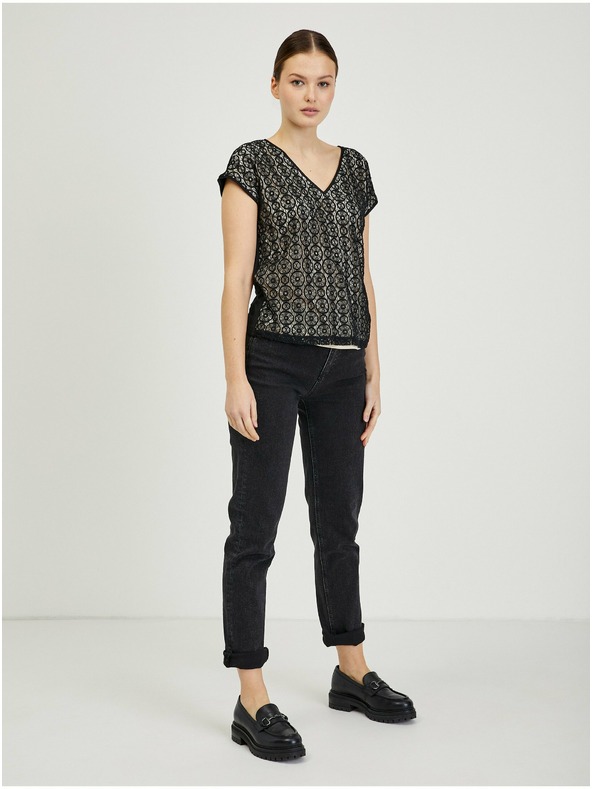 Orsay Бежово-черна дамска дантелена тениска ORSAY